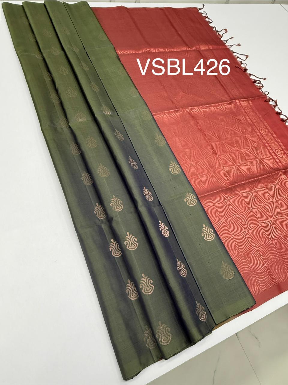 VSBL426 - pastel green color body , dusky pink color pallu , blouse - Pure silk saree