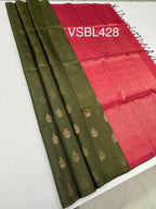 VSBL428 - cowdung green color body , dusky pink color pallu , blouse - Pure silk saree