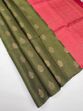 VSBL428 - cowdung green color body , dusky pink color pallu , blouse - Pure silk saree