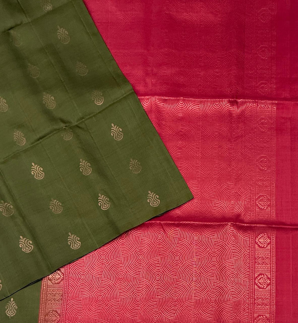 VSBL428 - cowdung green color body , dusky pink color pallu , blouse - Pure silk saree
