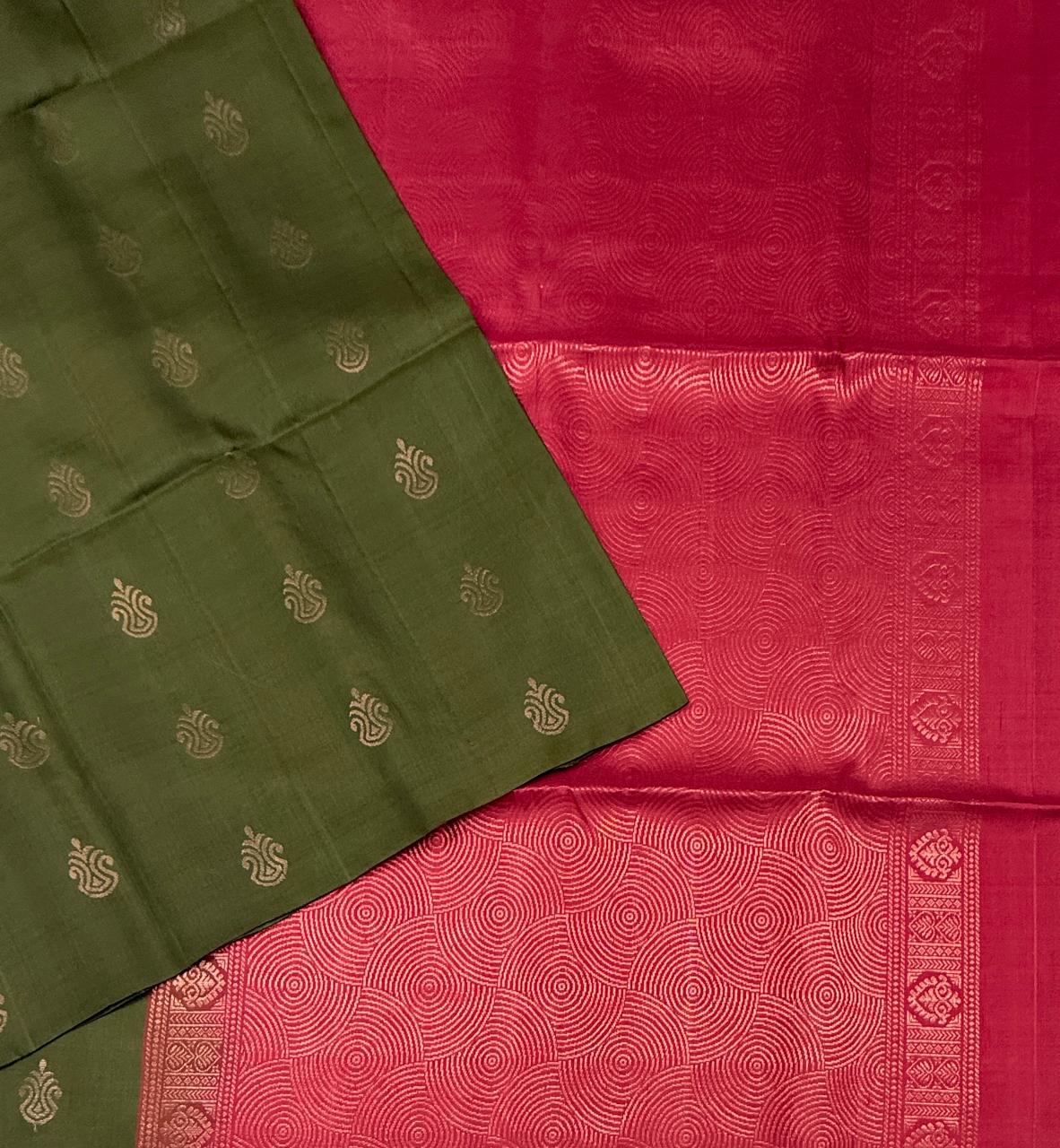 VSBL428 - cowdung green color body , dusky pink color pallu , blouse - Pure silk saree