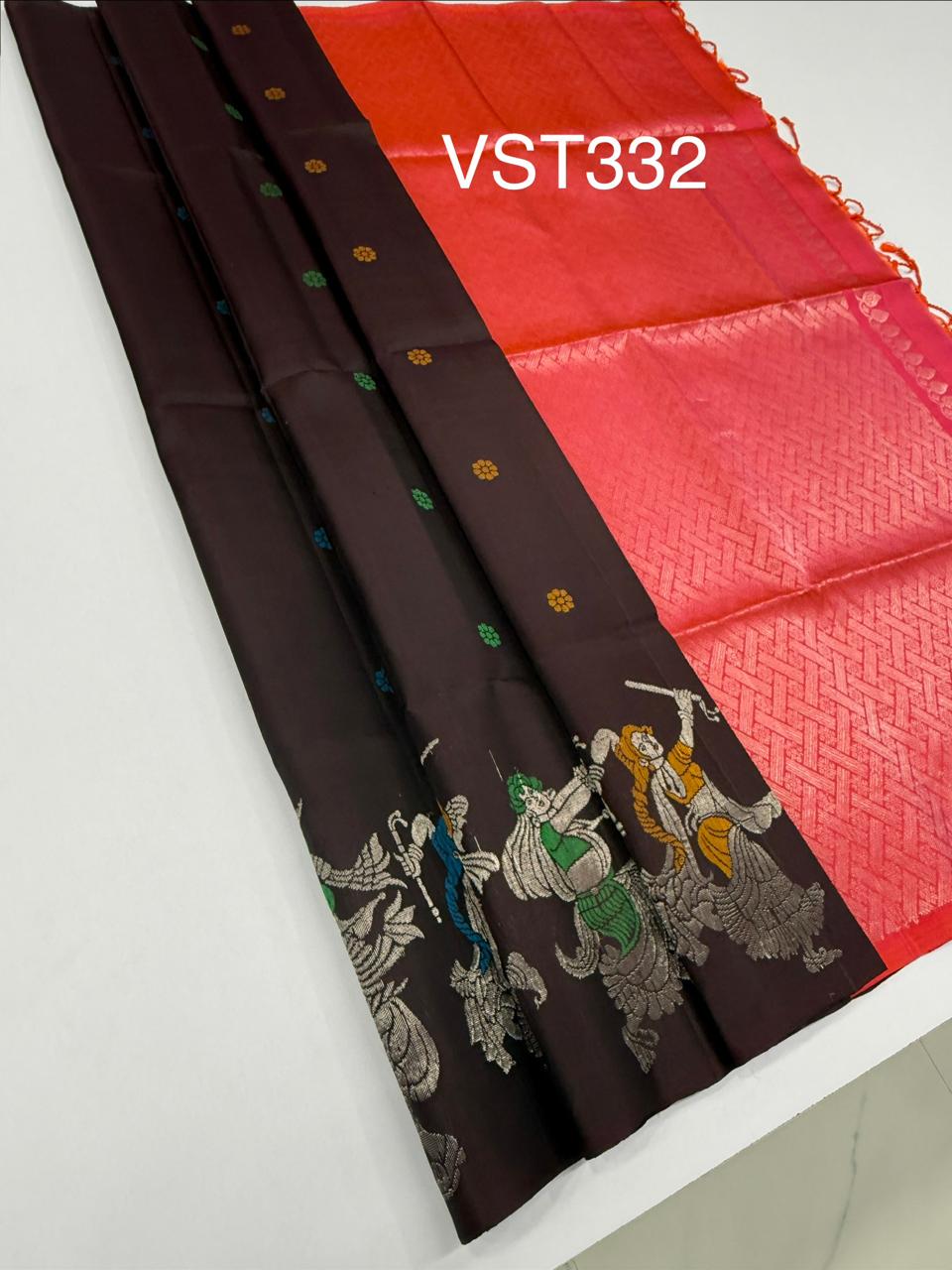 VST332 - dark brown color body , pinkish orange color pallu , blouse - Pure silk saree