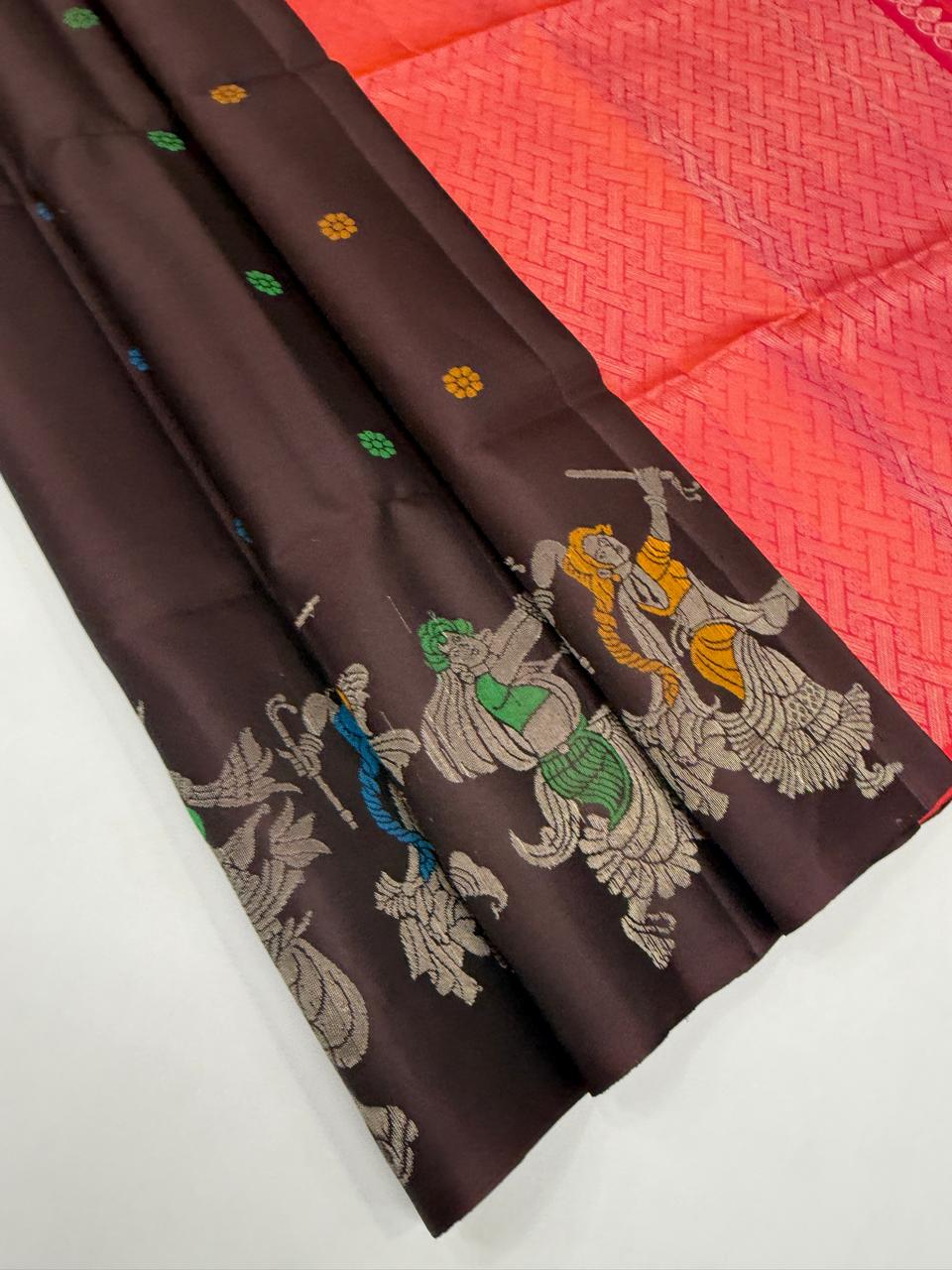 VST332 - dark brown color body , pinkish orange color pallu , blouse - Pure silk saree