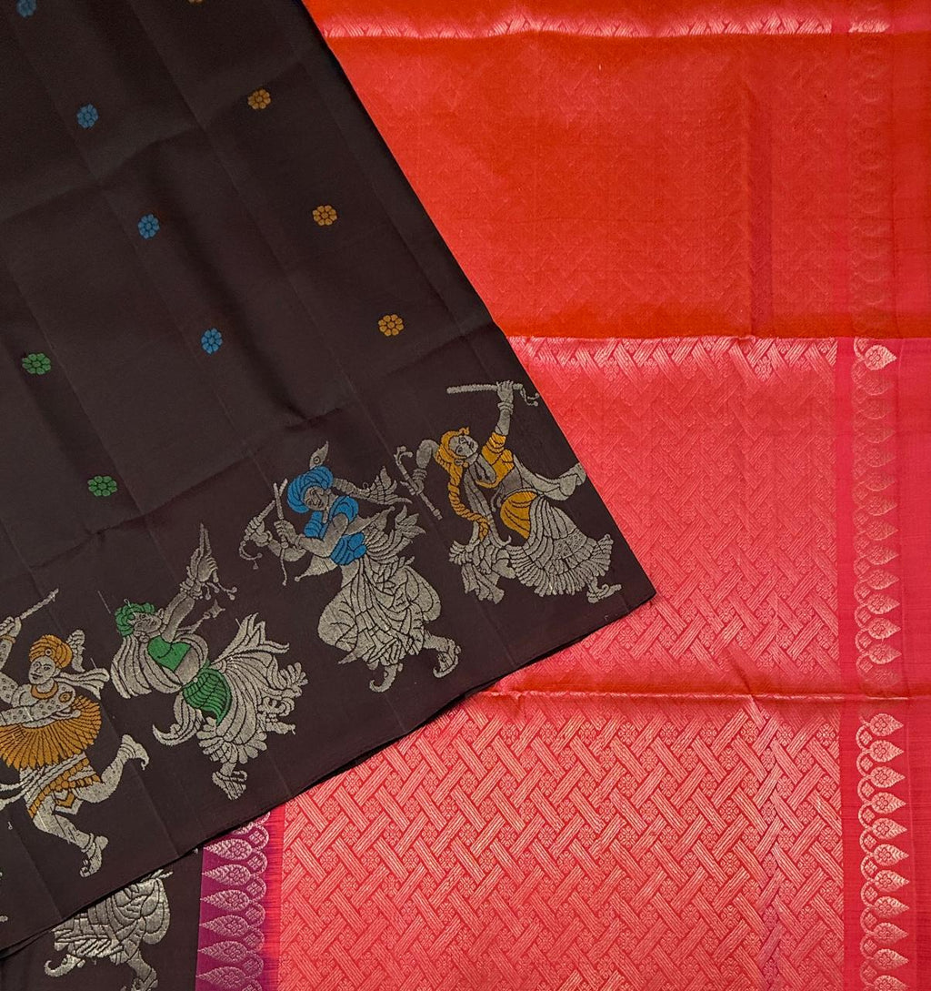 VST332 - dark brown color body , pinkish orange color pallu , blouse - Pure silk saree