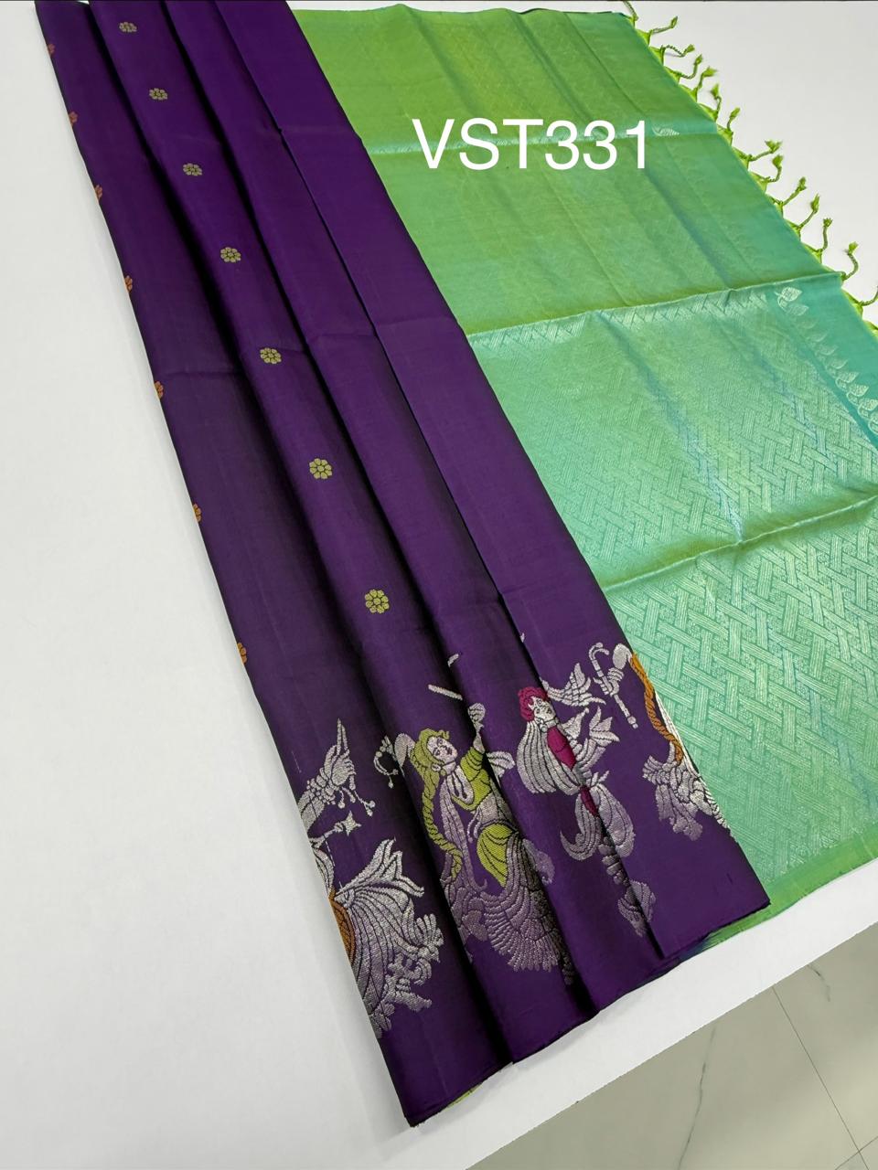 VST331 - violet color body , dual green color pallu , blouse - Pure silk saree