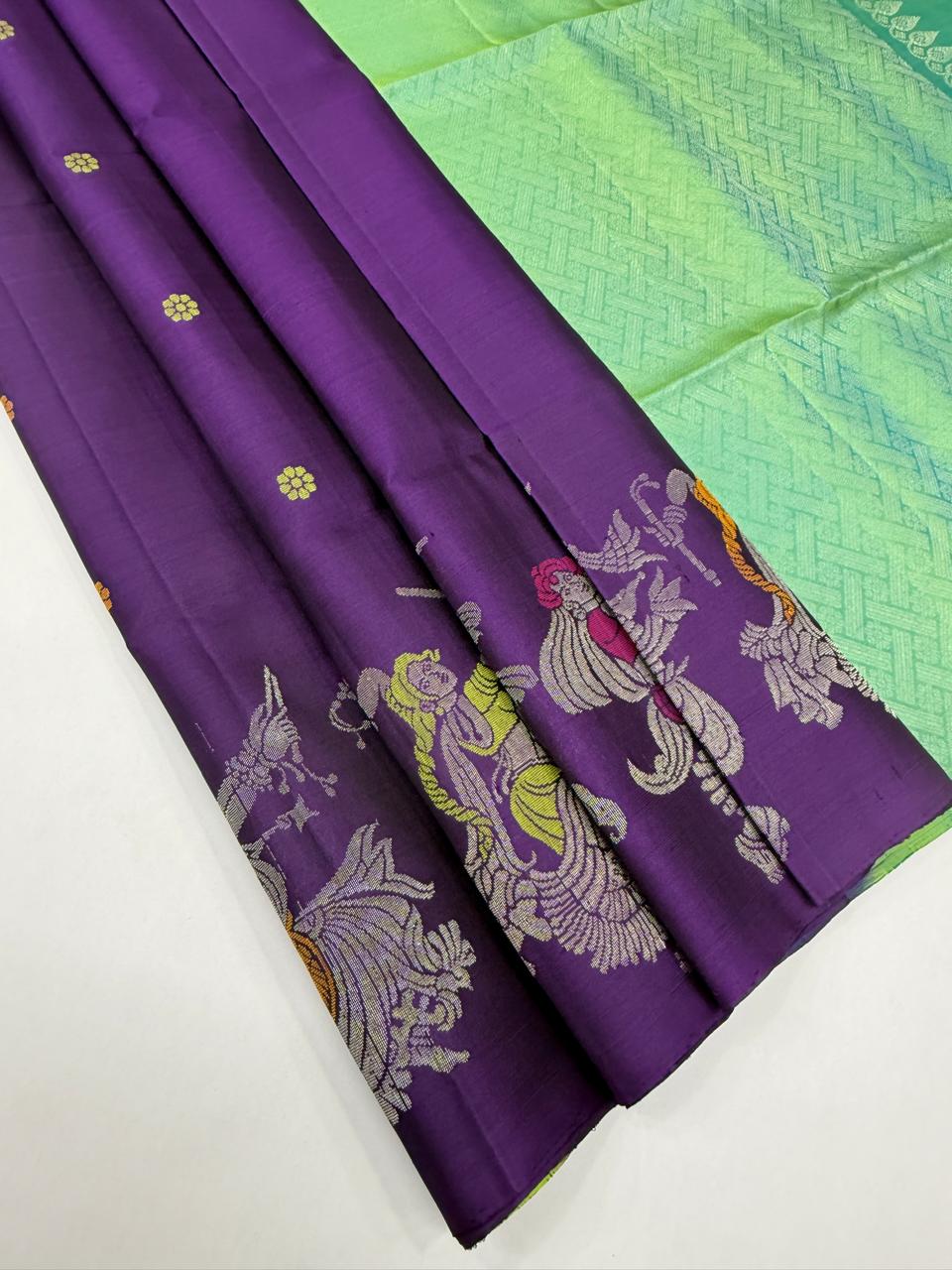 VST331 - violet color body , dual green color pallu , blouse - Pure silk saree