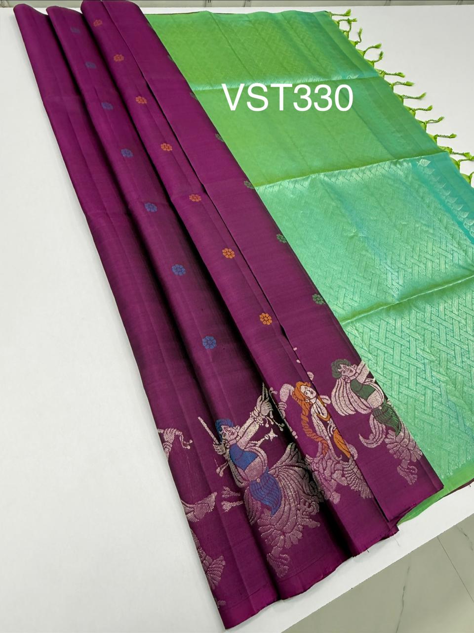 VST330 - purple color body , dual green color pallu , blouse - Pure silk saree