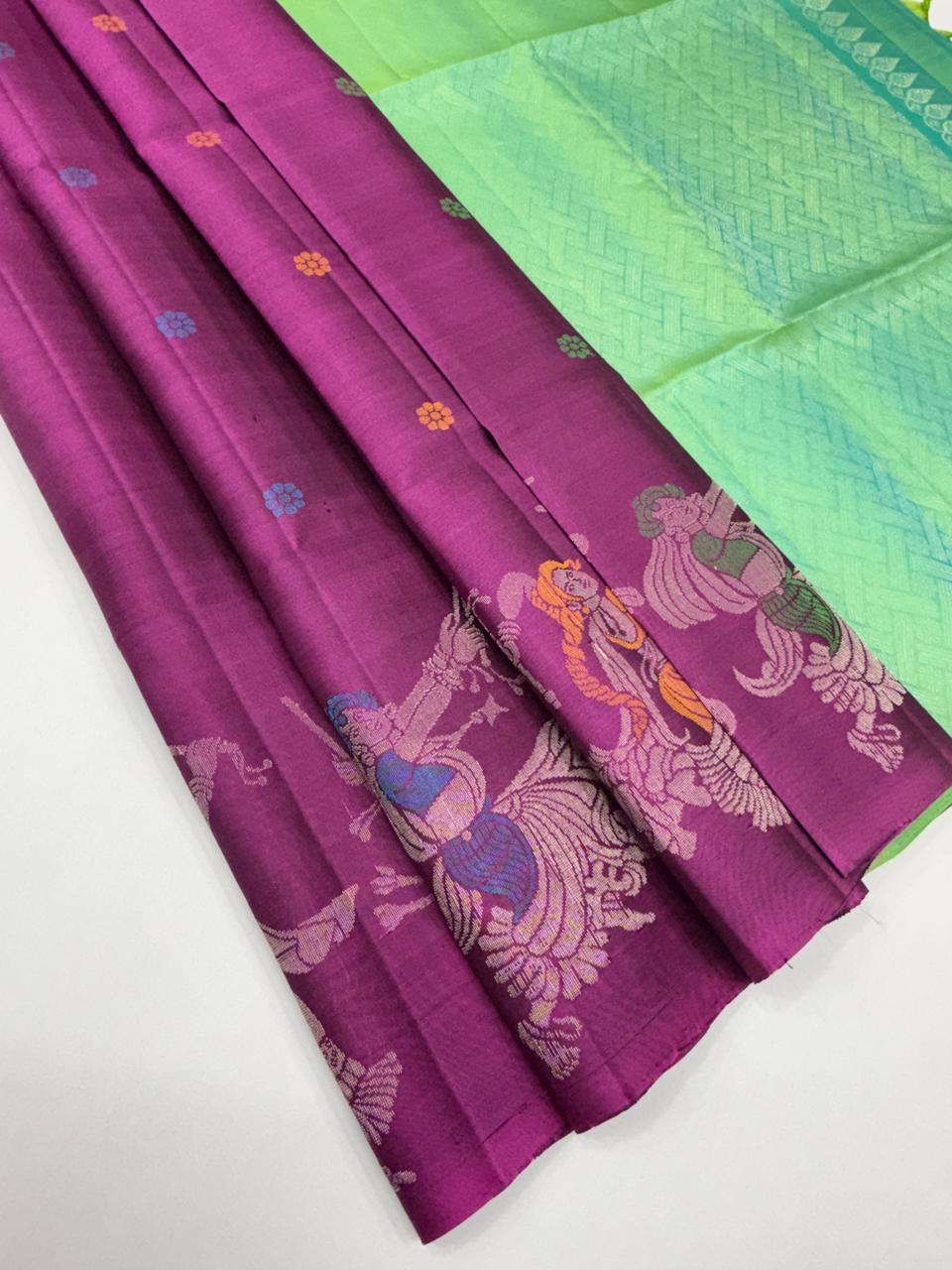 VST330 - purple color body , dual green color pallu , blouse - Pure silk saree