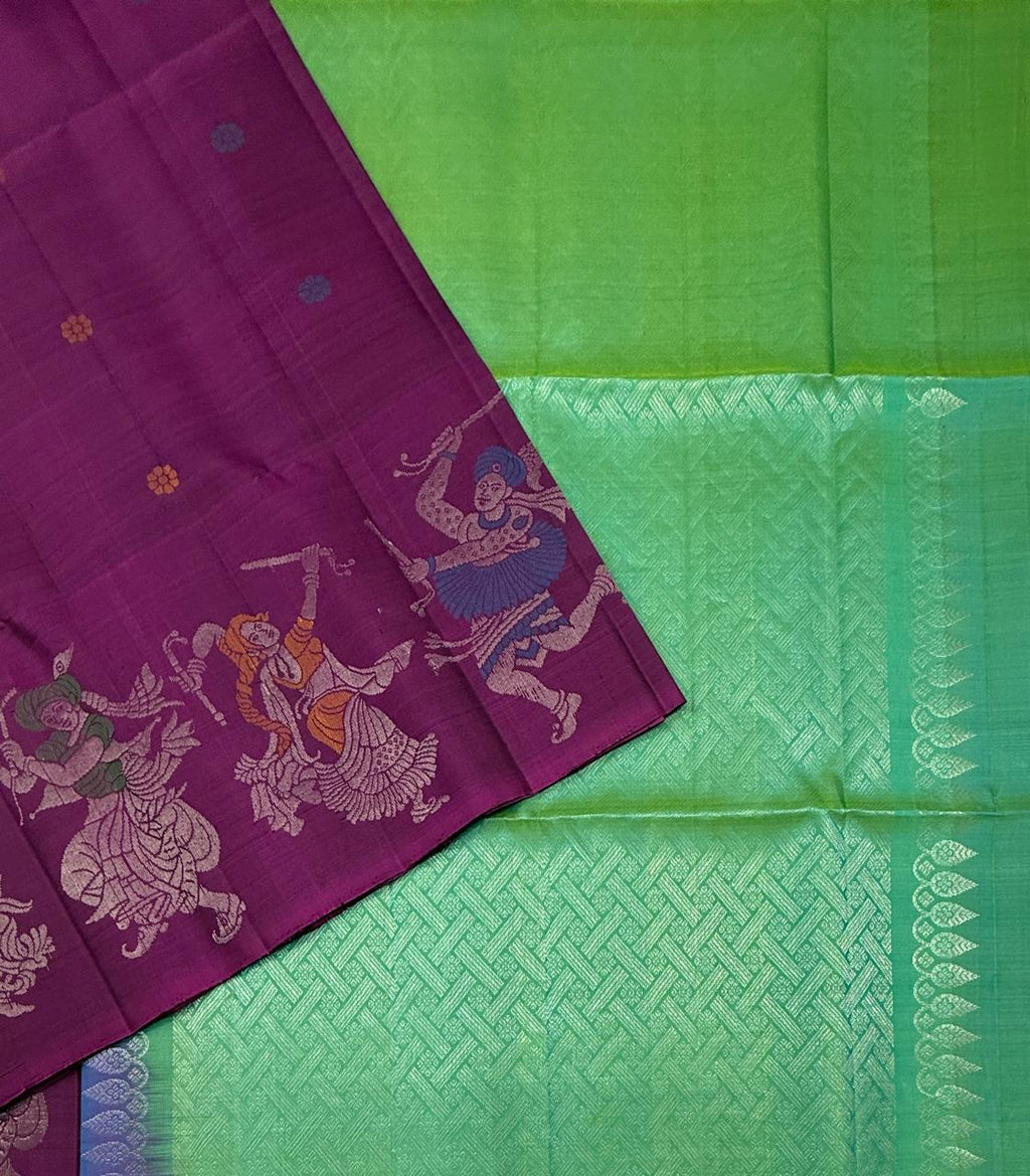 VST330 - purple color body , dual green color pallu , blouse - Pure silk saree