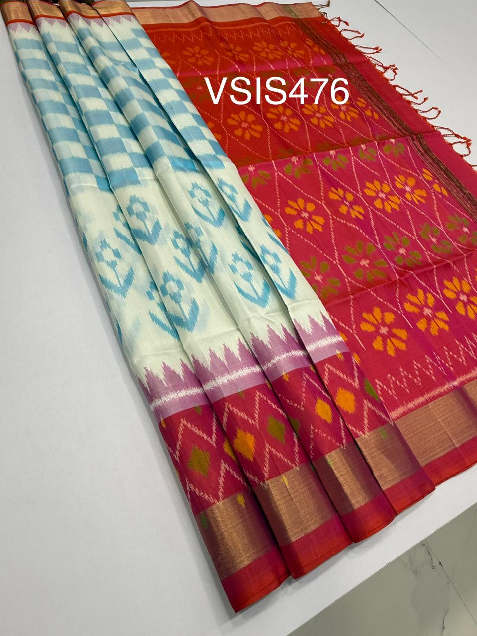 VSIS476 - half white color body , pinkish orange color pallu , blouse - Pure silk saree