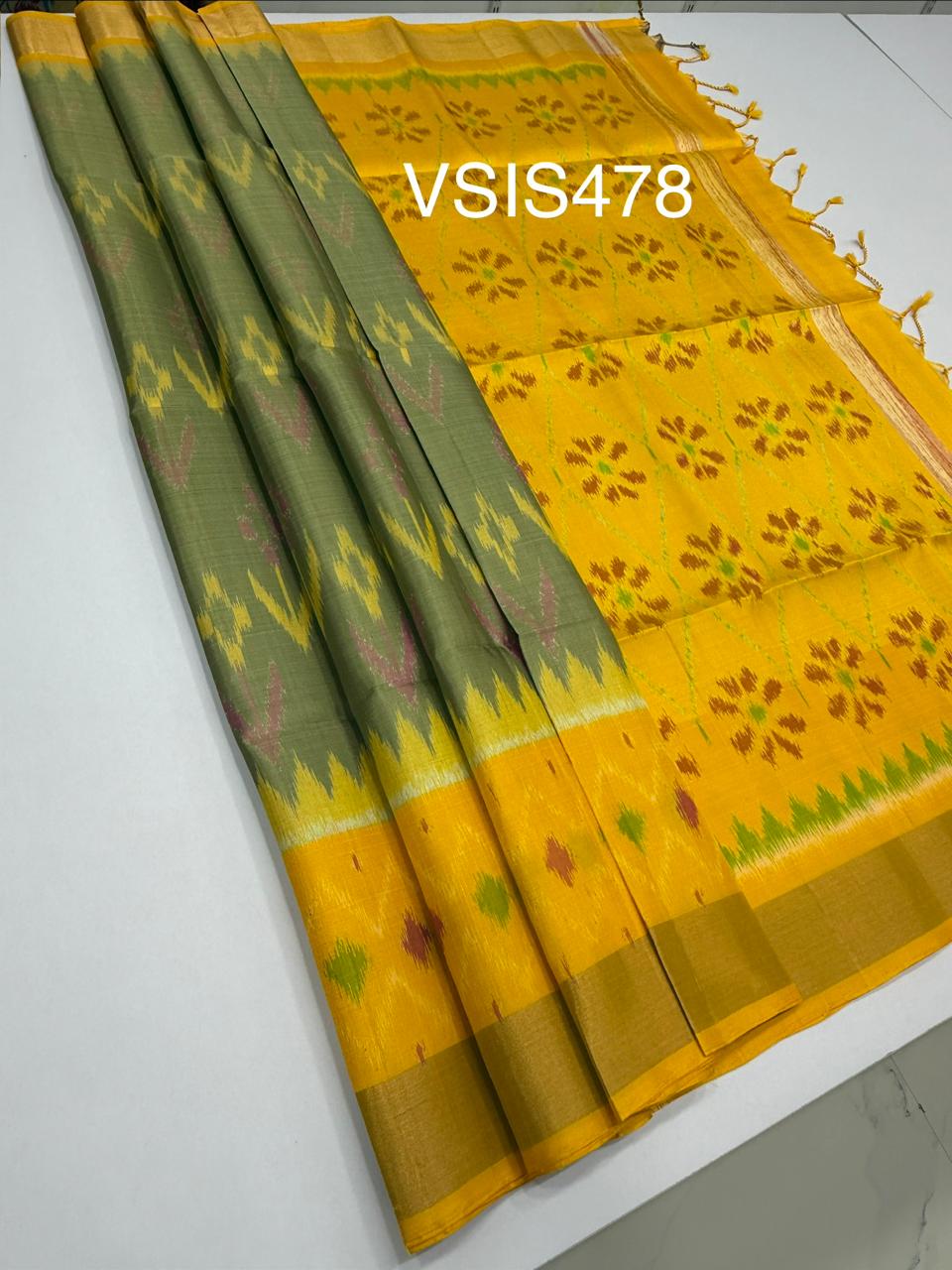 VSIS478 - beige color body , yellow color pallu , blouse - Pure silk saree