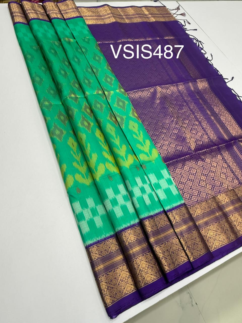 VSIS487 - teal green color body , violet color pallu , blouse - Pure silk saree