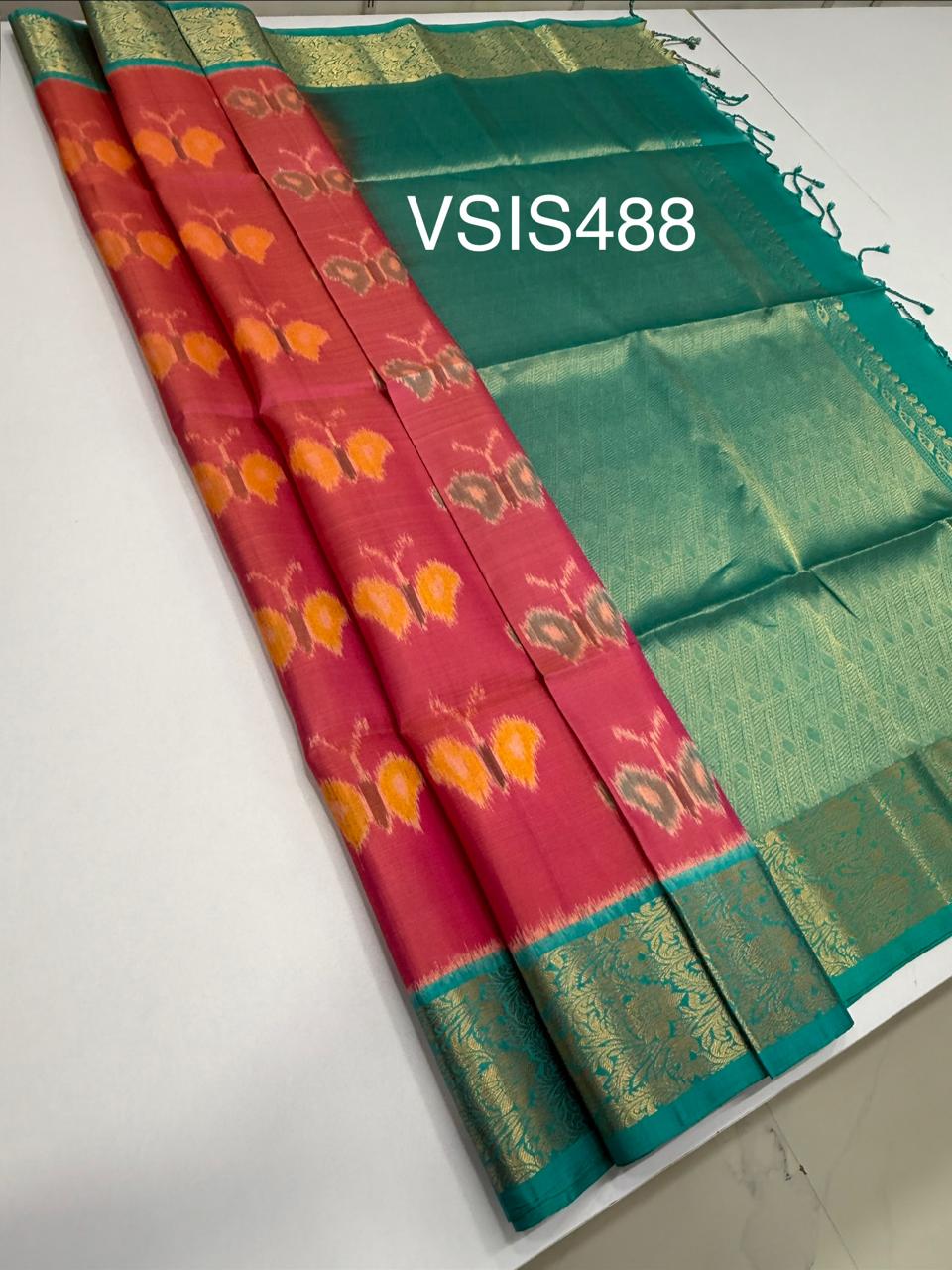 VSIS488 - lotus pink color body , teal green color pallu , blouse - Pure silk saree