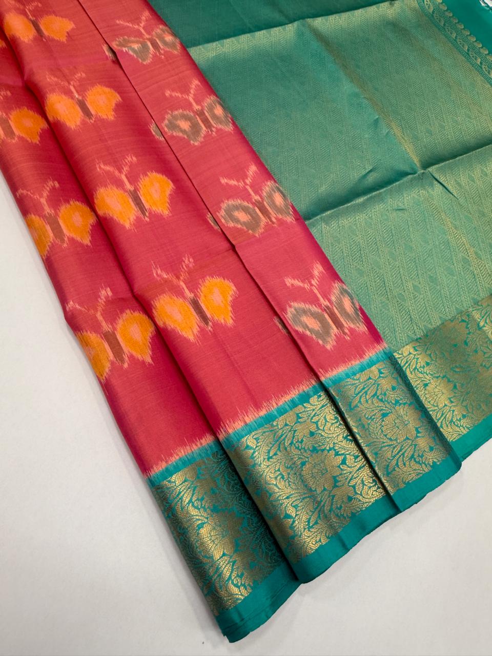 VSIS488 - lotus pink color body , teal green color pallu , blouse - Pure silk saree