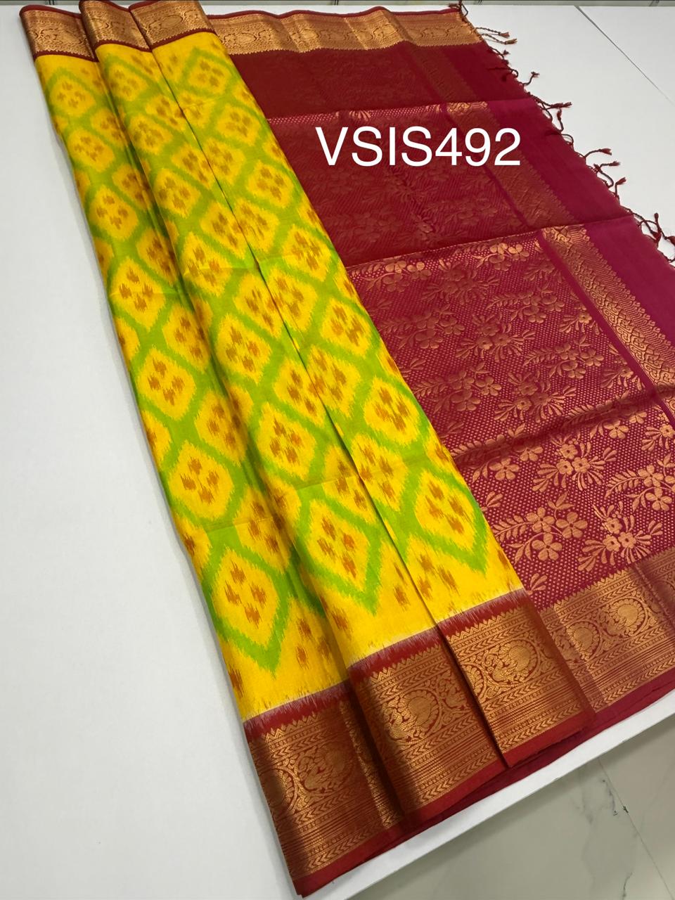 VSIS492 - yellow color body , dark pink color pallu , blouse - Pure silk saree