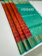 VSIS490 - pinkish orange color body , teal green color pallu , blouse - Pure silk saree