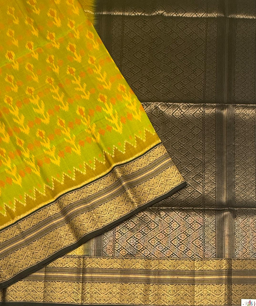 VSIS491 - yellow with green color body , black color pallu , blouse - Pure silk saree