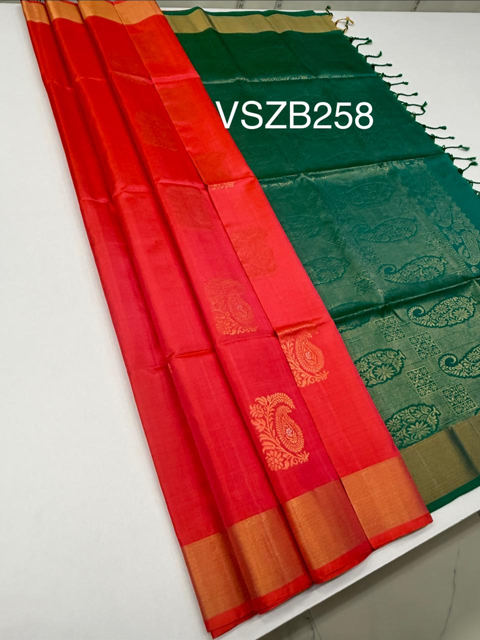 VSZB258 - pinkish orange color body, dual green color pallu , blouse pure silk saree