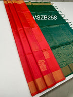 VSZB258 - pinkish orange color body, dual green color pallu , blouse pure silk saree