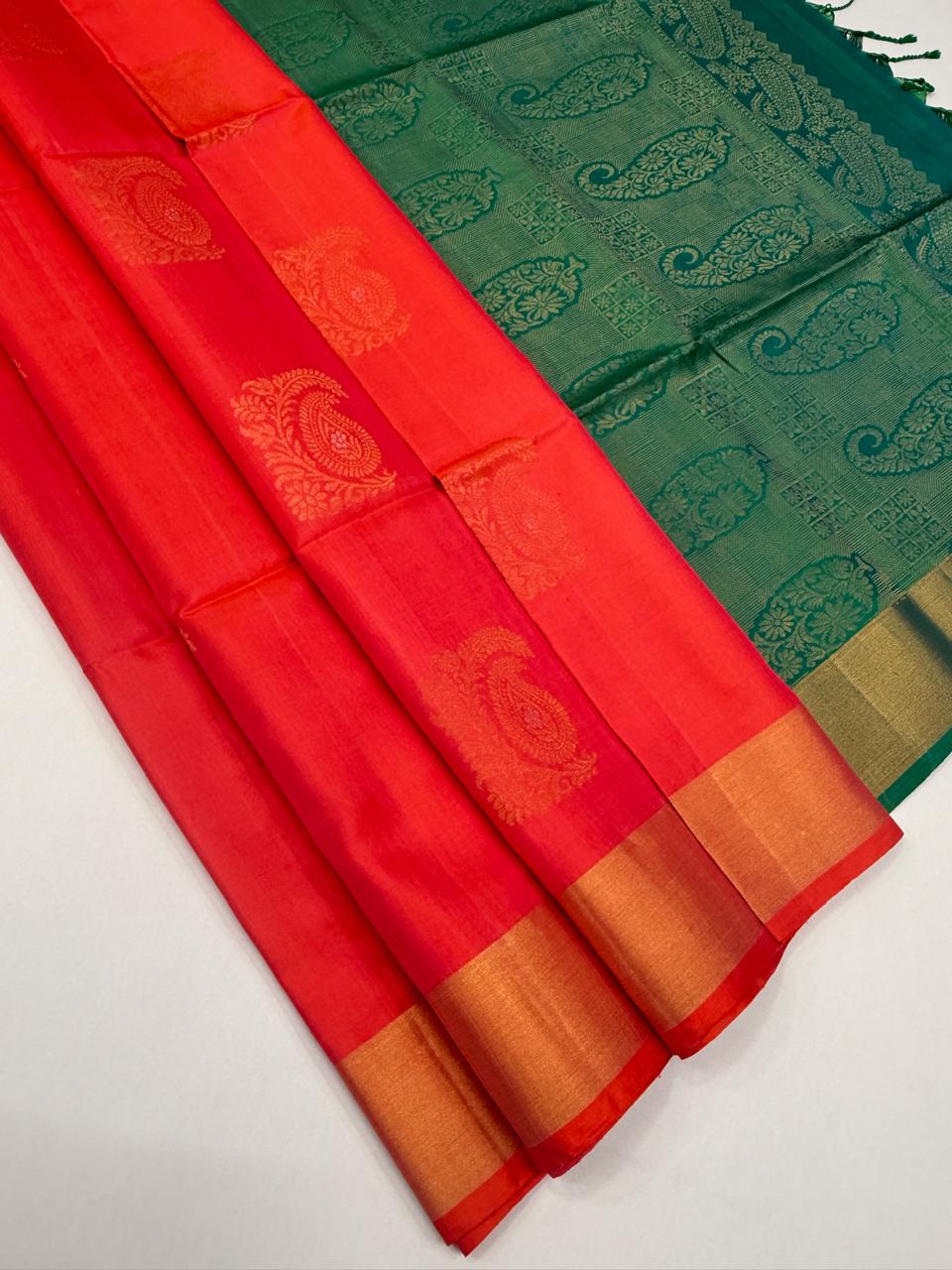 VSZB258 - pinkish orange color body, dual green color pallu , blouse pure silk saree