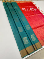 VSZB259 - peacock blue color body, pinkish orange color pallu , blouse pure silk saree