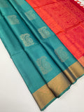 VSZB259 - peacock blue color body, pinkish orange color pallu , blouse pure silk saree