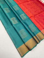 VSZB259 - peacock blue color body, pinkish orange color pallu , blouse pure silk saree