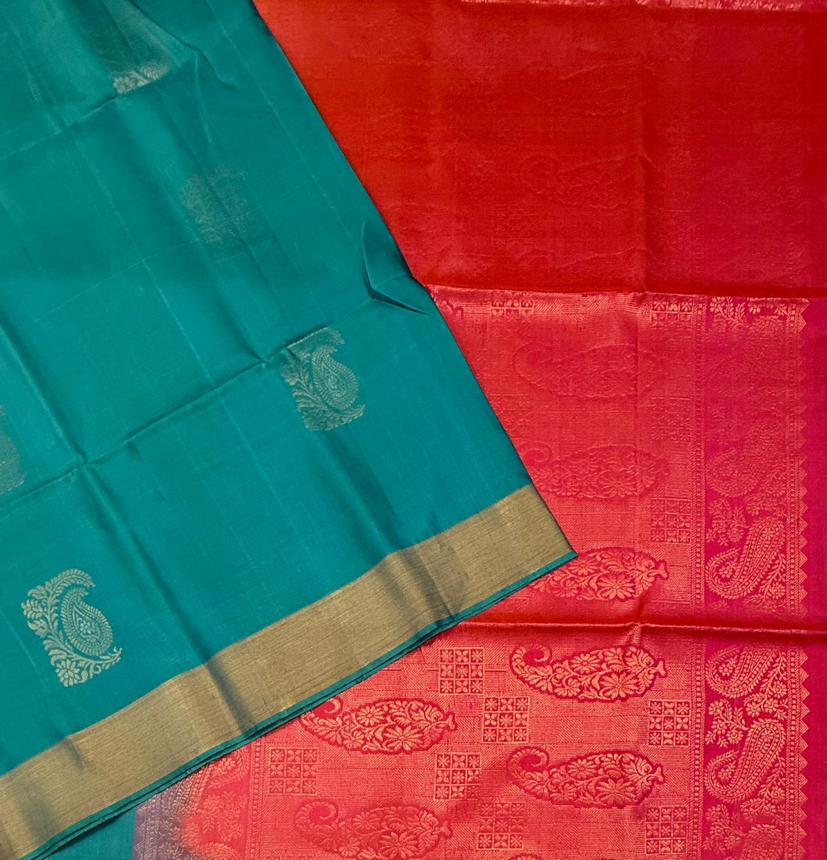 VSZB259 - peacock blue color body, pinkish orange color pallu , blouse pure silk saree