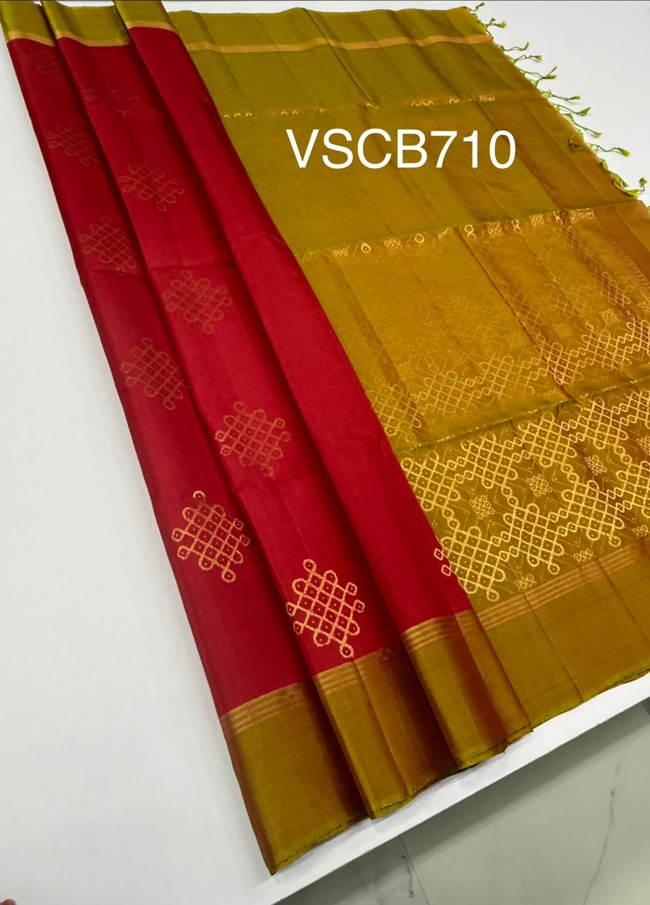 VSCB710 - red color body , green with red color pallu , blouse - Pure silk saree