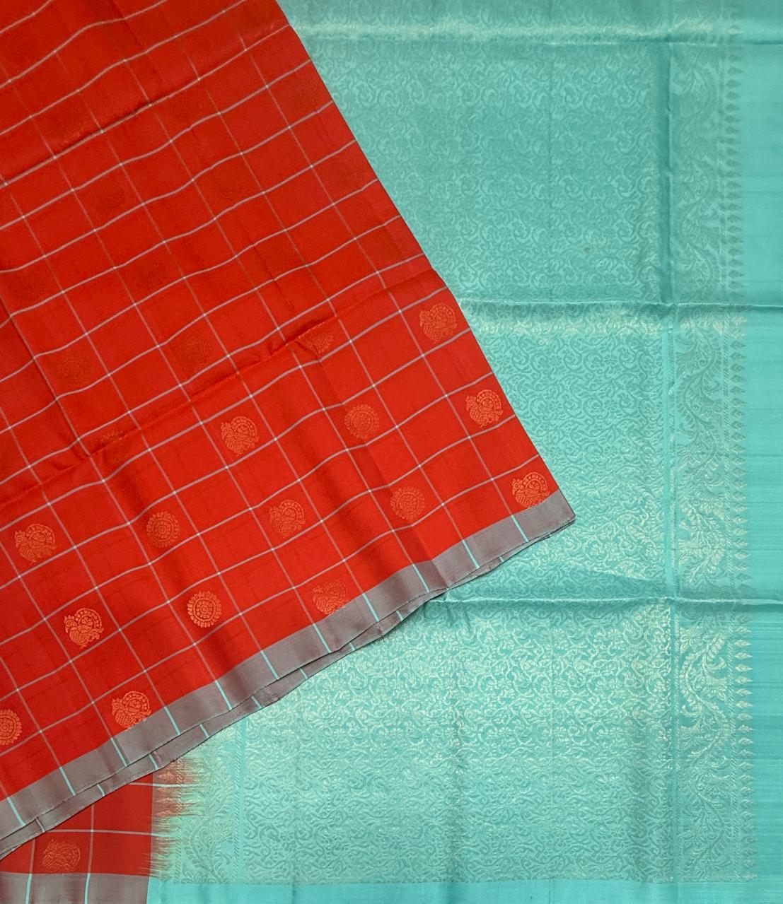 VSM502 - pinkish orange color body , sea blue color pallu , blouse&nbsp;