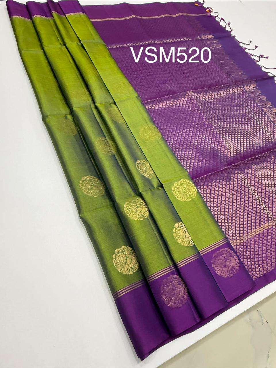VSM520 - olive green color body , violet color pallu , blouse.