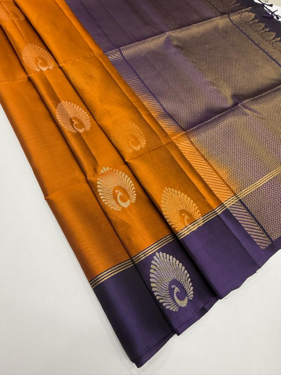 VSM522 - rust orange color body , violet color pallu , blouse.