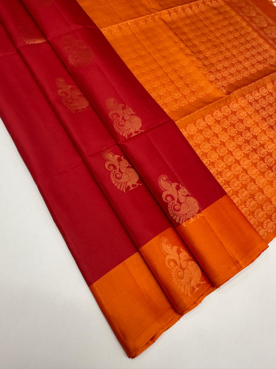 VSM523 - dark pink color body , orange color pallu , blouse.