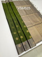 VSM525 - olive green color body , grey color pallu , blouse.