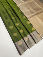 VSM525 - olive green color body , grey color pallu , blouse.