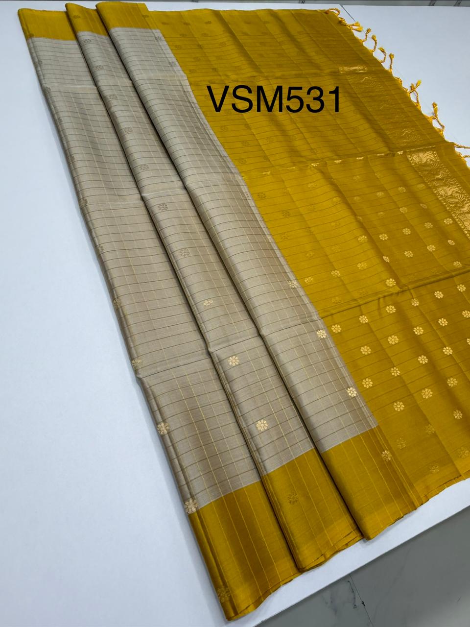 VSM531 - beige color body , yellow color pallu , blouse.