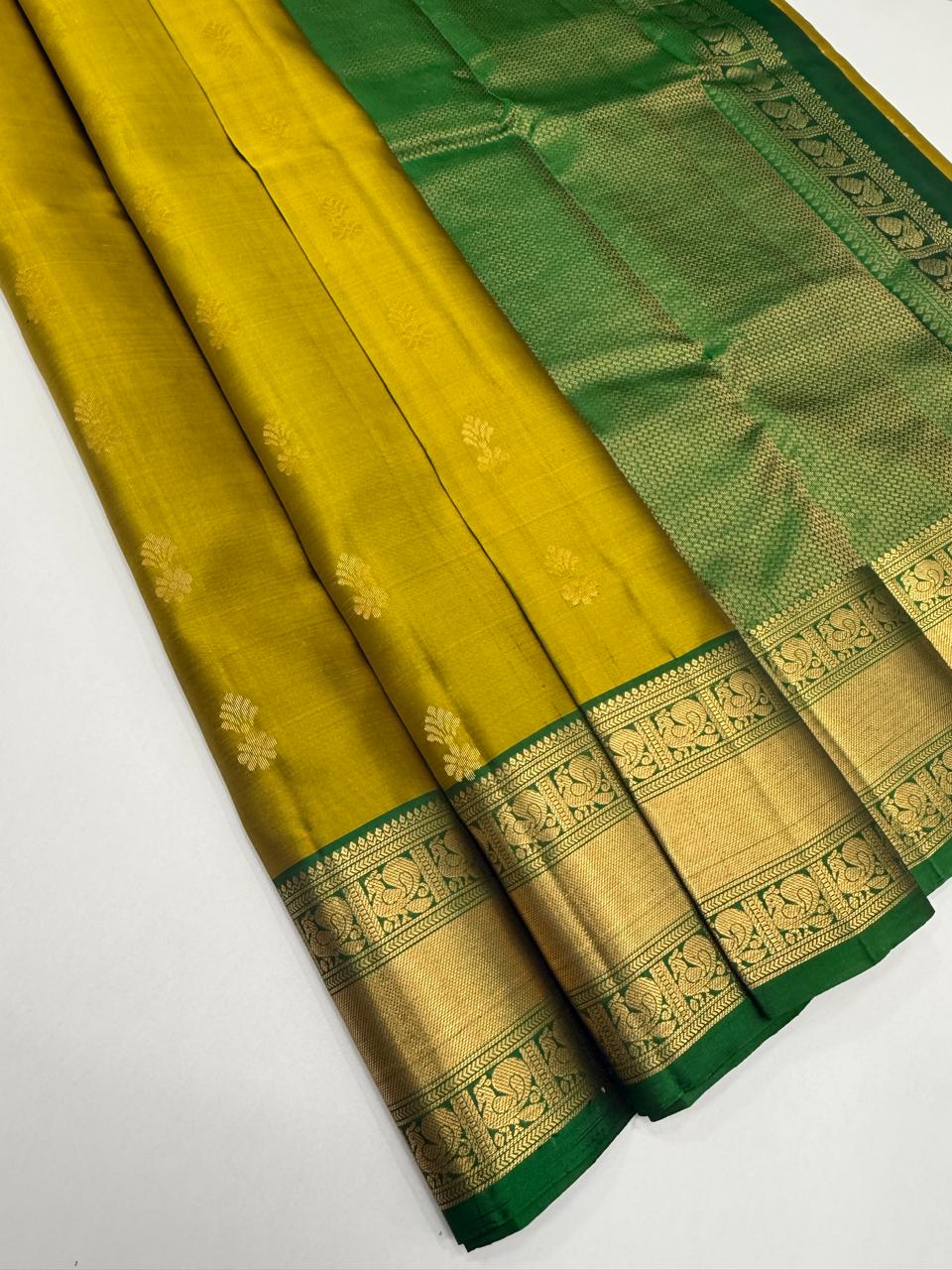 VSM534 - yellow with green color body , green color pallu , blouse.