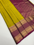 VSM535 - yellowish green color body , purple color pallu , blouse.