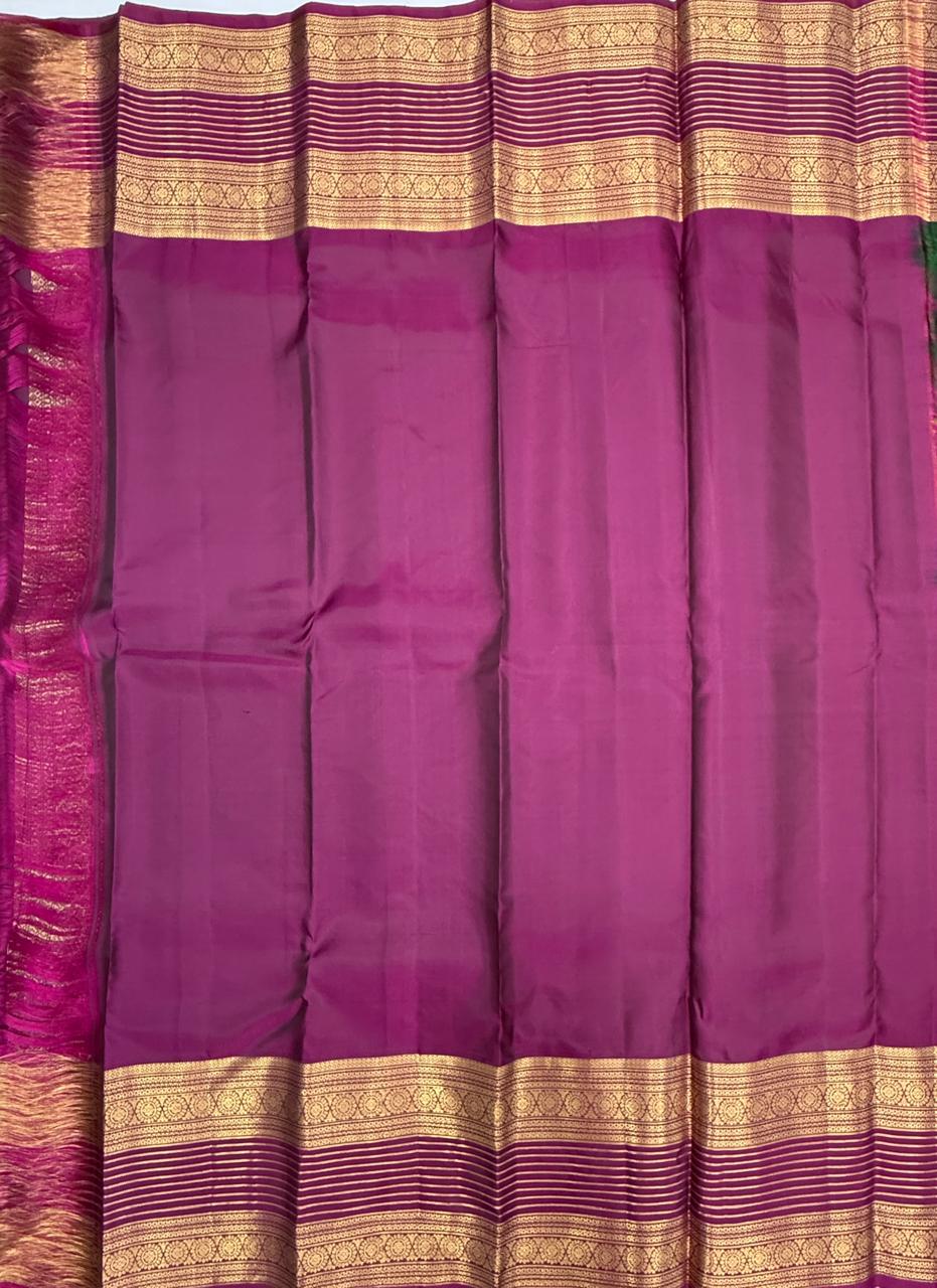 VSM535 - yellowish green color body , purple color pallu , blouse.