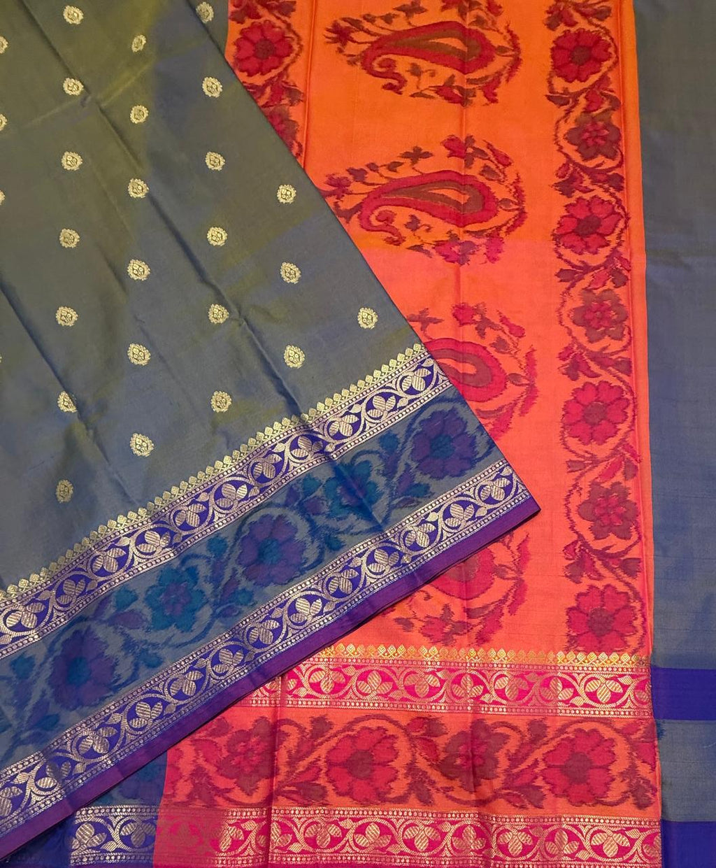 VSAS1442 - dual blue color body, pinkish orange color pallu , blouse.