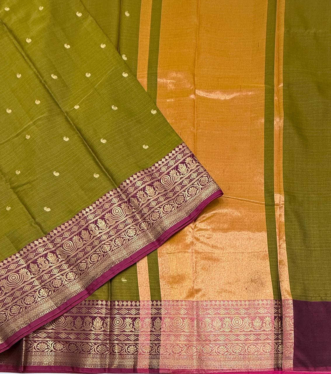 VSAS1484 - mehandi green color body, pinkish orange color pallu , blouse.