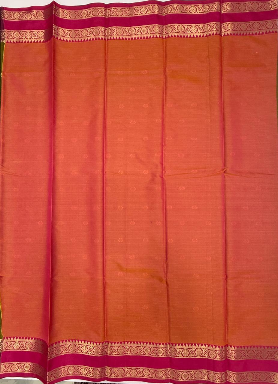 VSAS1494 - mehandi green color body, pinkish orange color pallu , blouse.