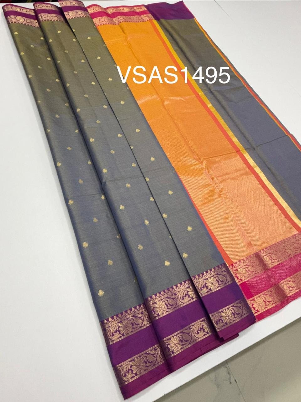 VSAS1495 - dual blue color body, pinkish orange color pallu , blouse.