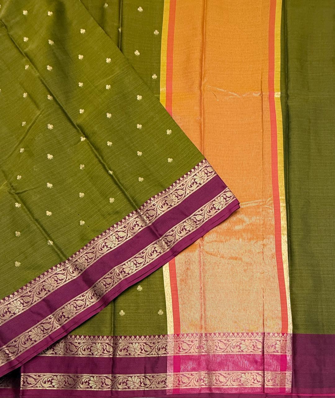 VSAS1499 - mehandi green color body, pinkish orange color pallu , blouse.