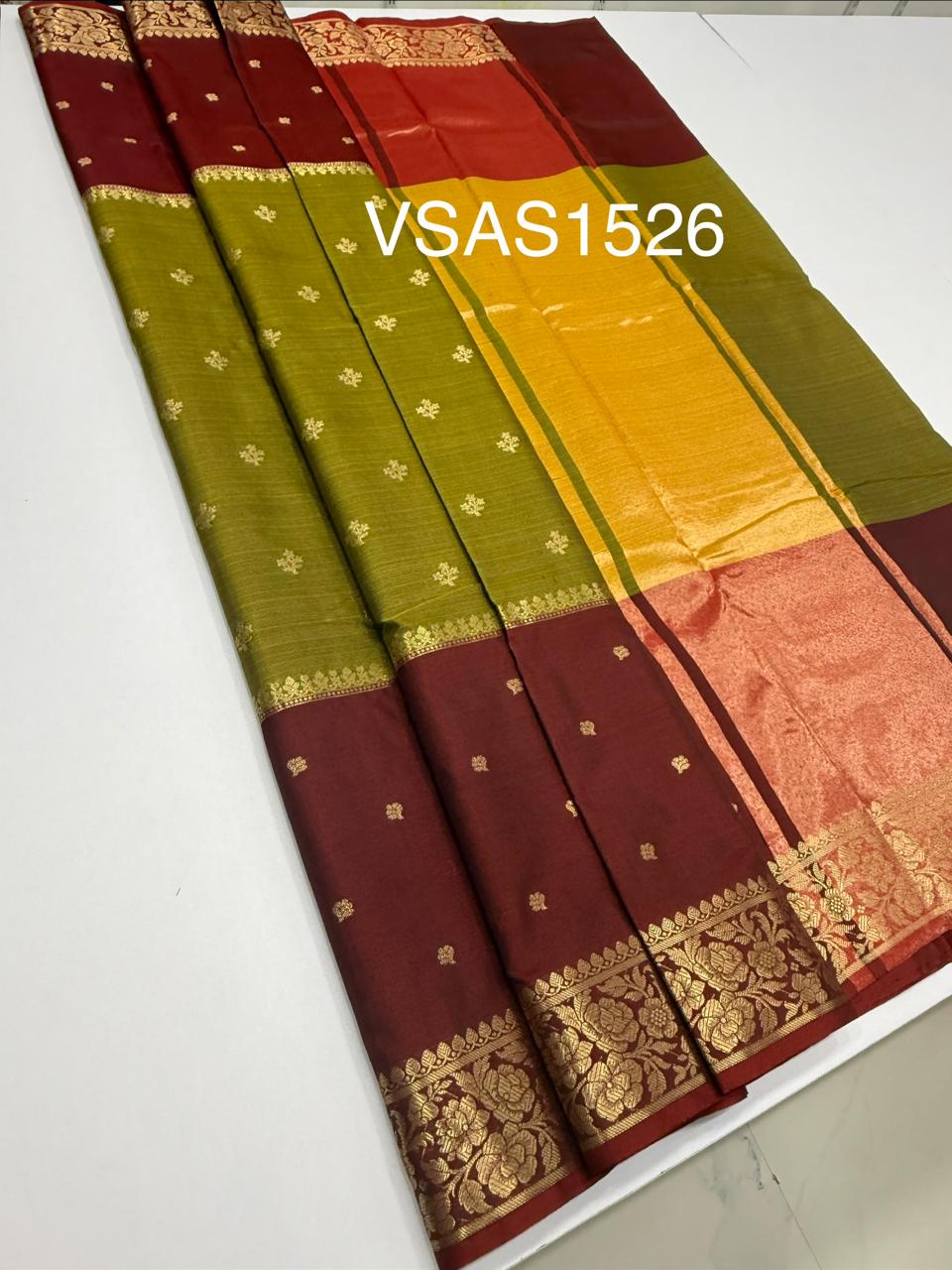 VSAS1526 - mehandi green with maroon color body, pallu , blouse.