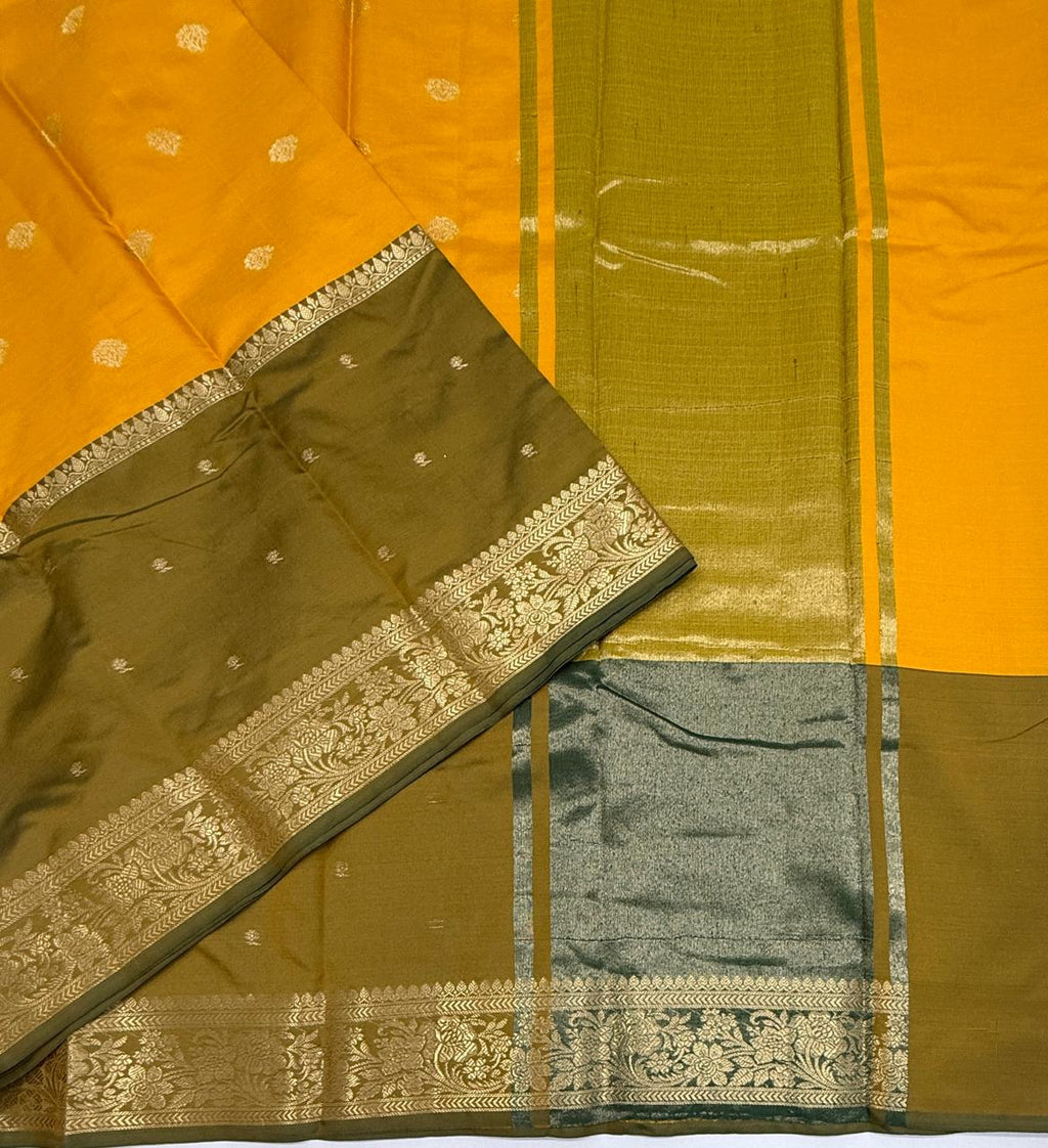 VSAS1532 - yellow with mehandi green color body, pallu , blouse.