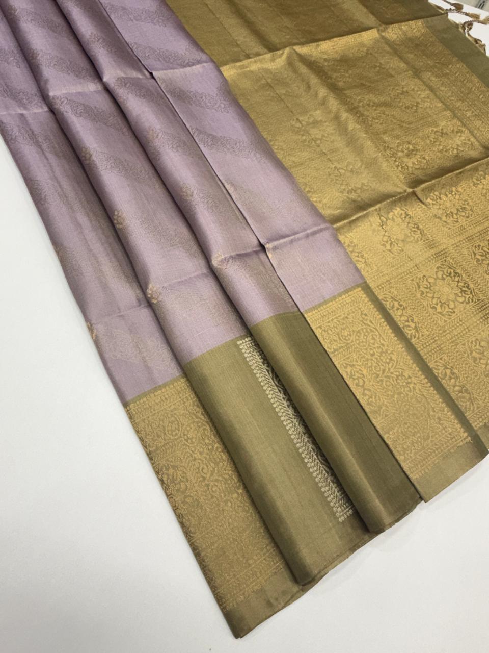VSF1014 - pastel lavender color body , beige color pallu,blouse - Pure silk saree