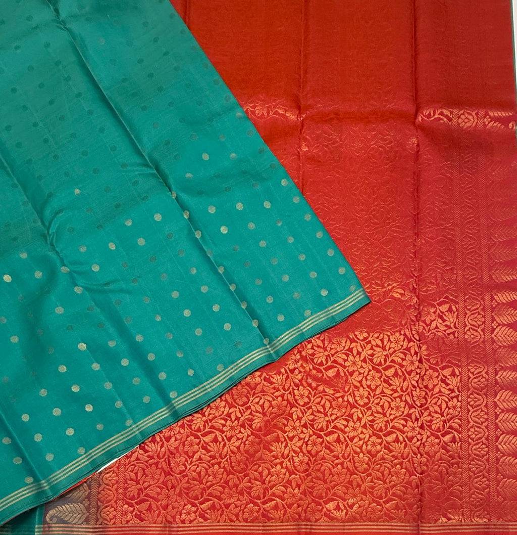 VSTP147 -blue color body, pinkish orange color pallu, blouse - Pure silk saree