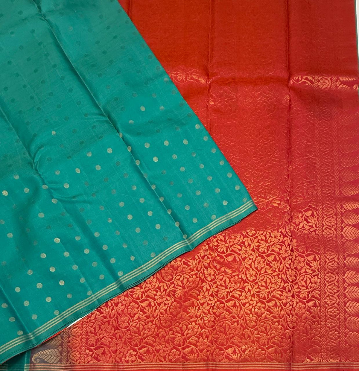 VSTP147 -blue color body, pinkish orange color pallu, blouse - Pure silk saree