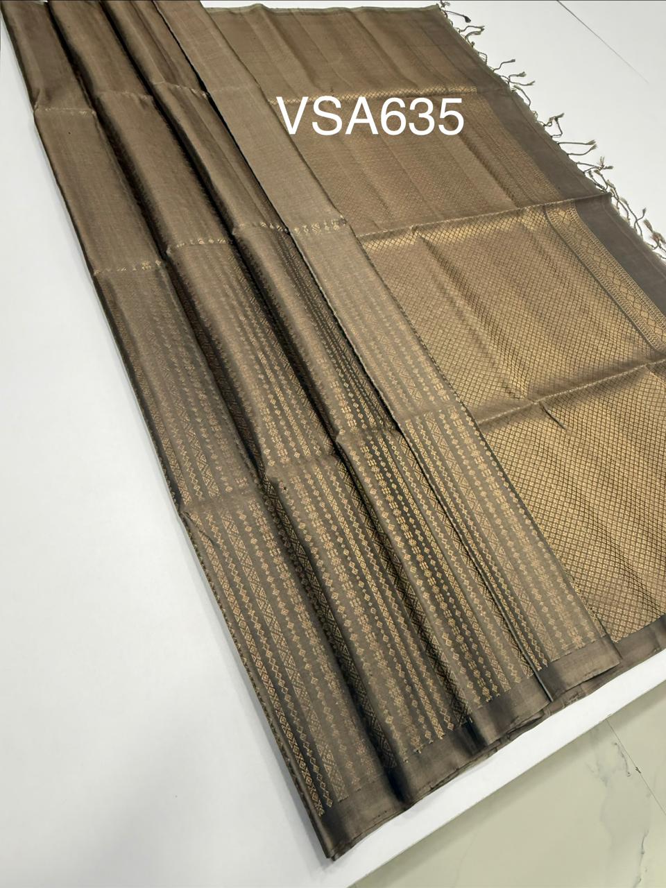 VSA635 - cement grey color body, pallu , blouse pure silk saree
